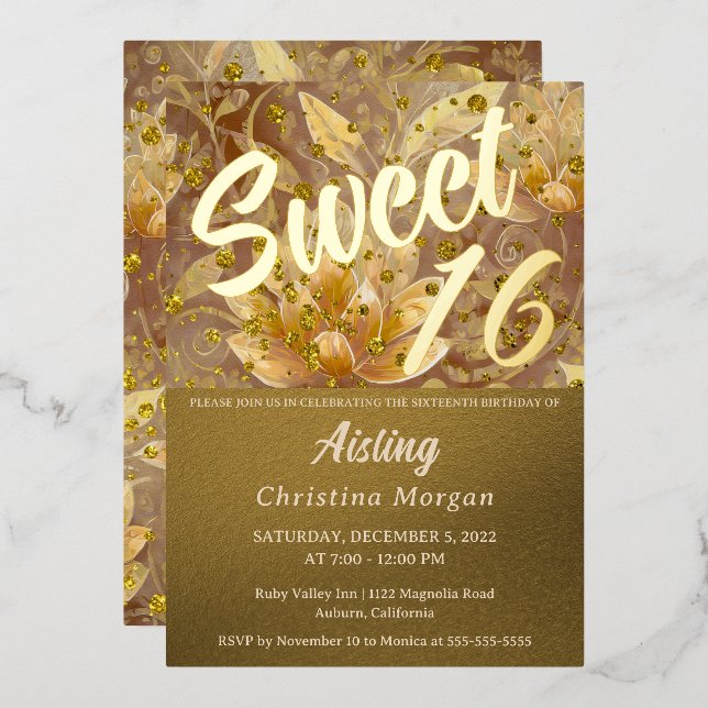 Golden Floral Sweet 16 Invitation Foil Invitation (Front/Back)