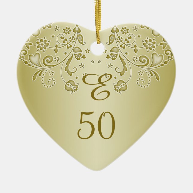 Golden floral swirls 50th Birthday heart Ornament (Front)