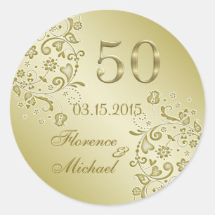 Golden floral swirls 50th Wedding Anniversary Classic Round Sticker