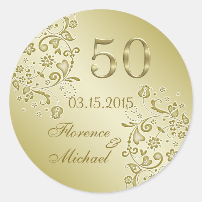 Golden floral swirls 50th Wedding Anniversary Classic Round Sticker (Front)