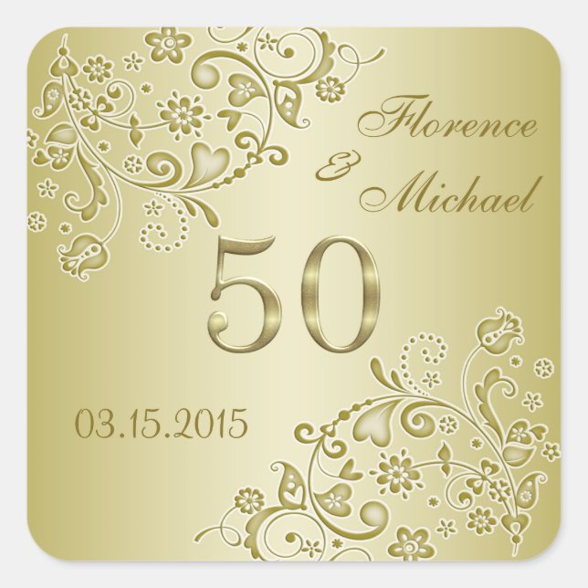 Golden floral swirls 50th Wedding Anniversary Square Sticker (Front)