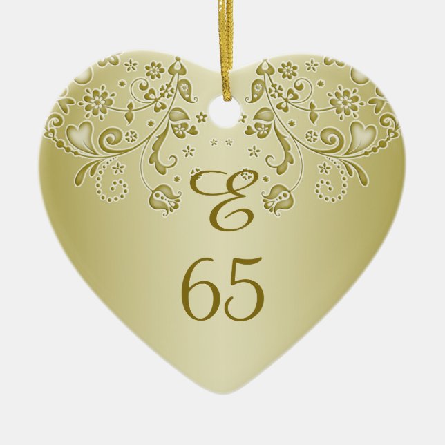 Golden floral swirls 65th Birthday heart Ornament (Front)
