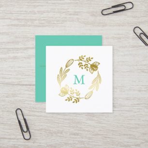 Golden Floral Wreath & Mint Green Monogram Square Business Card
