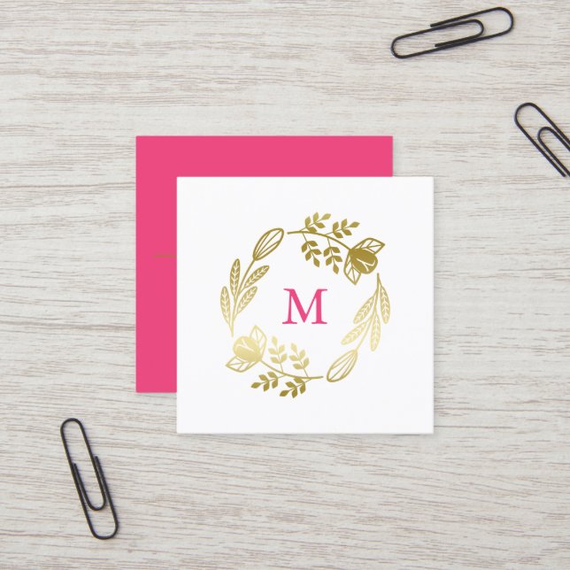 Golden Floral Wreath & Pink Monogram Square Business Card (Front/Back In Situ)
