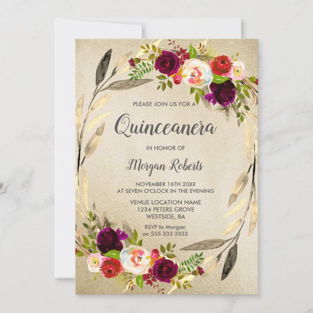 Golden Floral Wreath Quinceanera Invitation (Front)