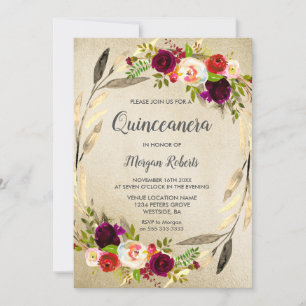 Golden Floral Wreath Quinceanera Invitation
