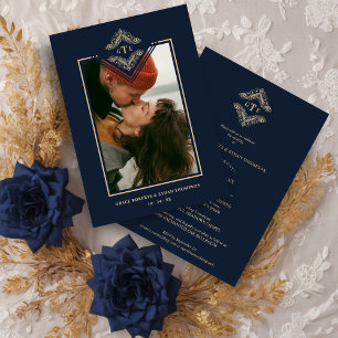Golden Flourish Classic Ornament Photo Navy Blue Invitation