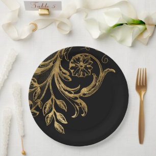 Golden Flourish   Elegant Gold Floral on Black Paper Plate