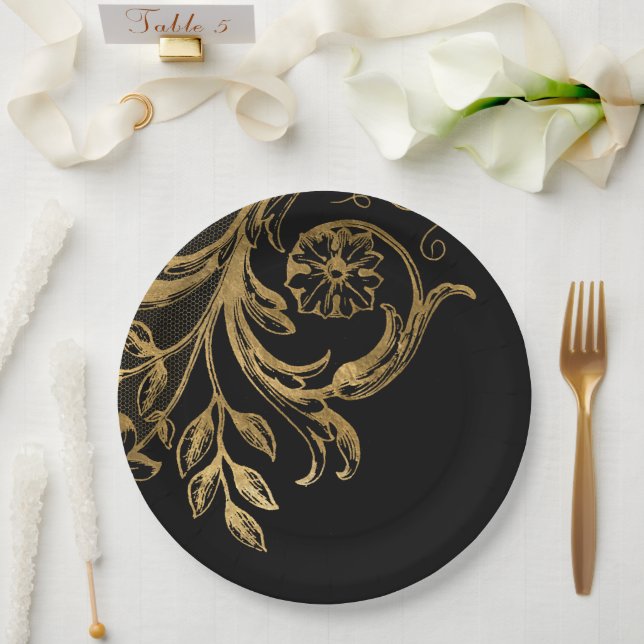 Golden Flourish | Elegant Gold Floral on Black Paper Plate (Wedding)