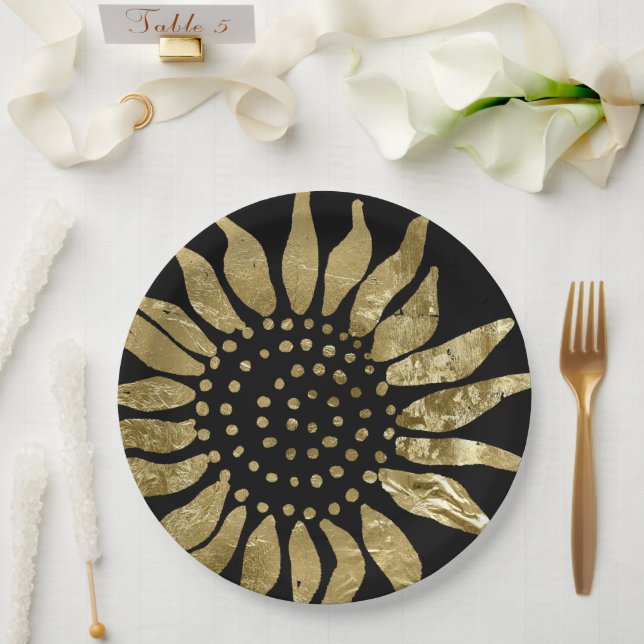 Golden Flourish | Elegant Gold Sunflower on Black Paper Plate (Wedding)