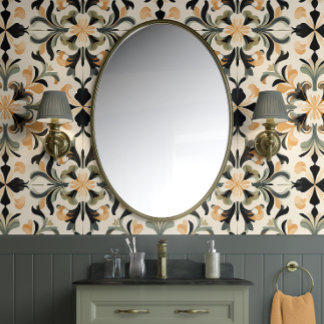 Golden Flourish - Gold, Black, Sage - Traditional Wallpaper