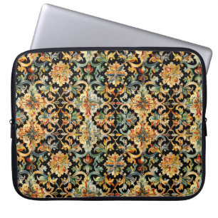 Golden Flourish On Black Laptop Sleeve