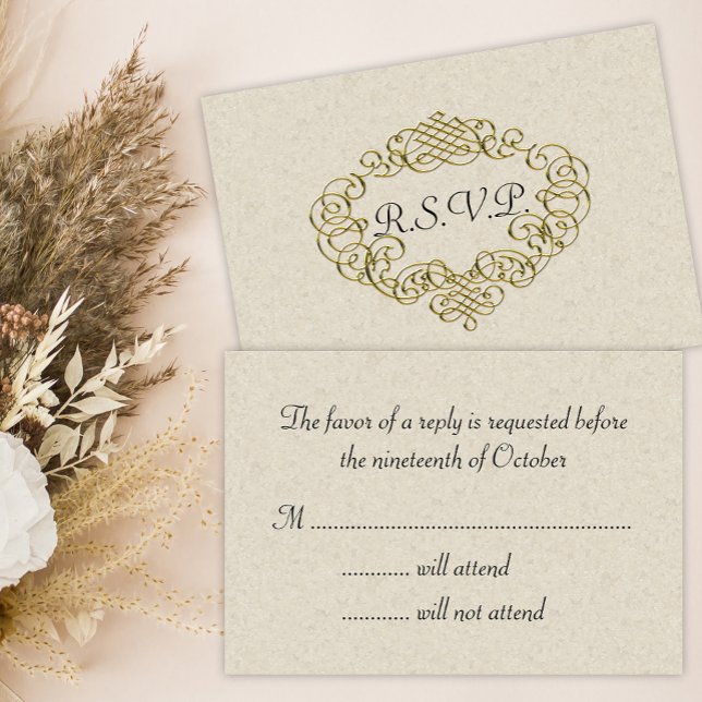 Golden Flourish Wedding Crest Beige Wedding RSVP Card (Creator Uploaded)