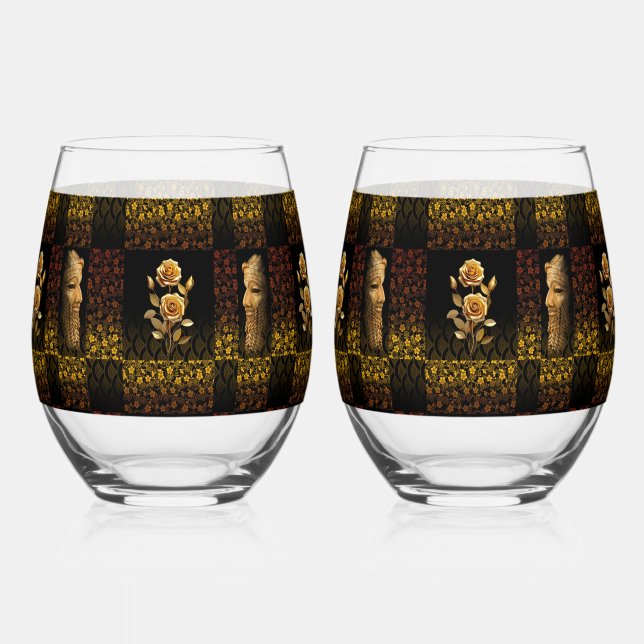 Golden Flower Drinkware Set Stemless Wine Glass (Front)