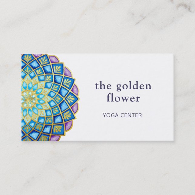 Golden Flower Mandala Blue Purple  Business Card (Front)