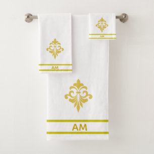 Golden Flower, Monogram and Stripes on White Bath Towel Set
