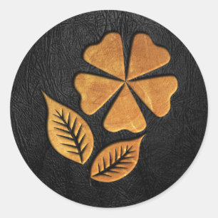 Golden Flower on Black Leather Classic Round Sticker