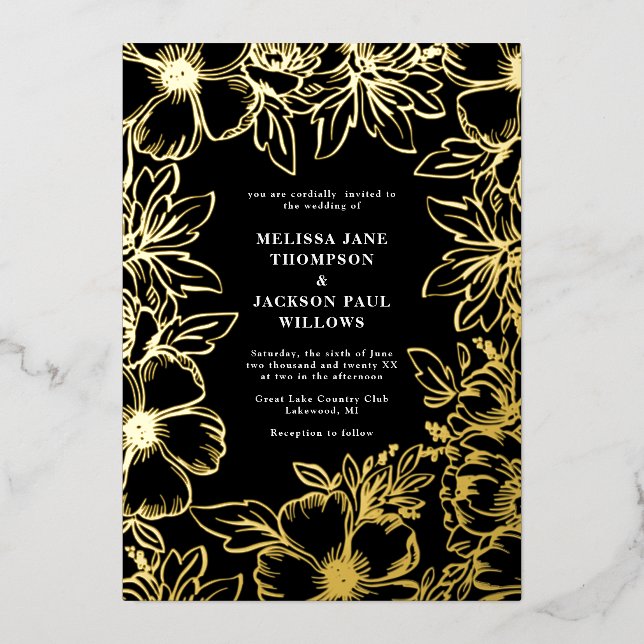 Golden flower wreath frame elegant wedding black (Front)