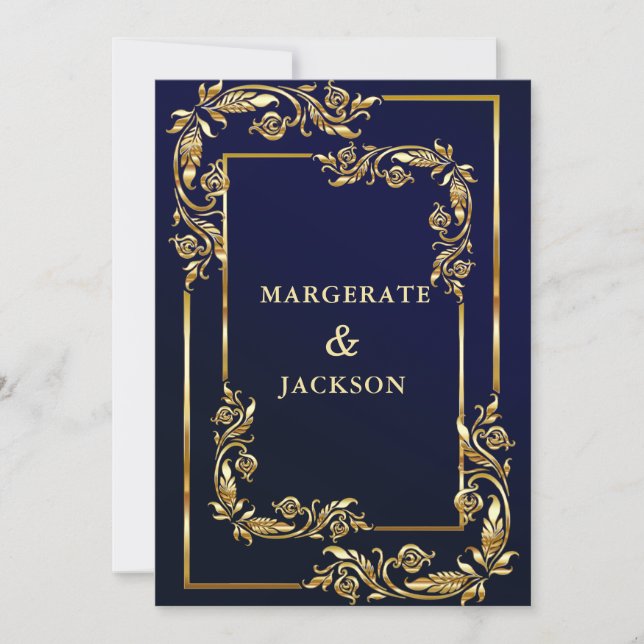 Golden flower wreath frame elegant wedding design  invitation (Front)