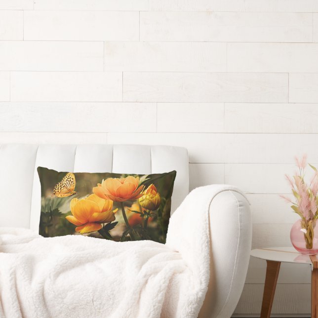 Golden Flowers and Butterfly Lumbar Cushion (Couch)