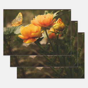 Golden Flowers and Butterfly Wrapping Paper Sheet