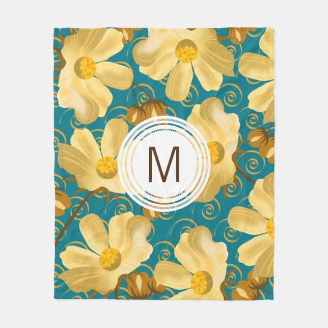 Golden Flowers and Pods Custom Monogram Fleece Blanket (Front)