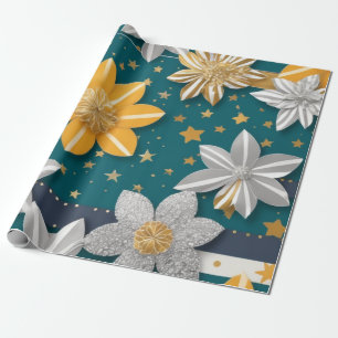 Golden flowers and silver stars vibrant background wrapping paper