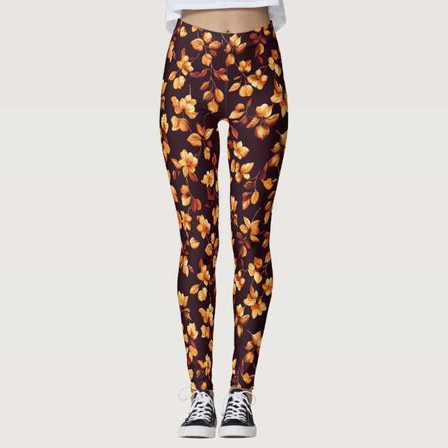 Golden Flowers Autumn Pattern Leggings (Front)