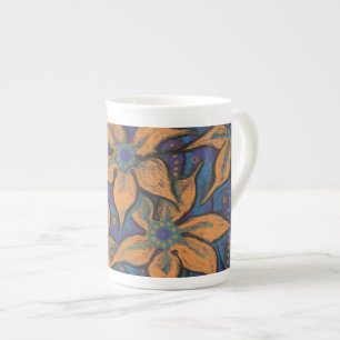 Golden flowers, decorative pastel painting, floral bone china mug