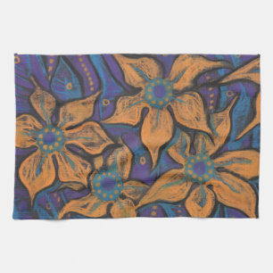 Golden flowers, decorative pastel painting, floral tea towel