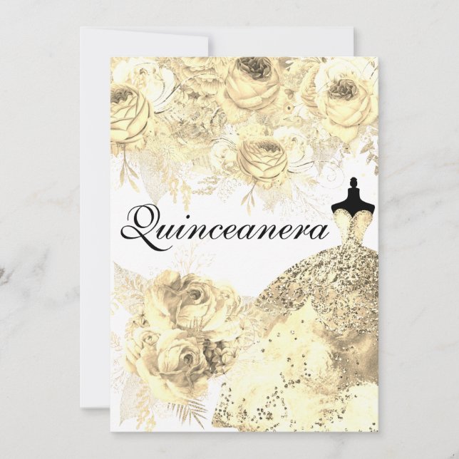 Golden Flowers Elegant Dress Quinceanera Party Invitation (Front)
