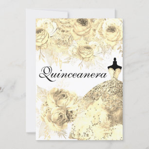 Golden Flowers Elegant Dress Quinceanera Party Invitation