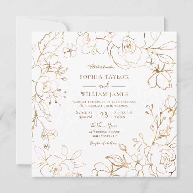 Golden Flowers Elegant Modern White Wedding Invita Invitation (Front)