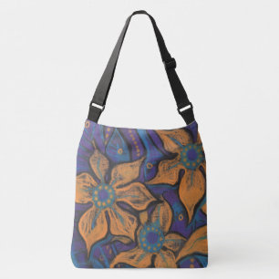 Golden flowers, floral fantasy, orange black blue crossbody bag