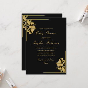 Golden Flowers Frame Baby Girl Shower Invitation