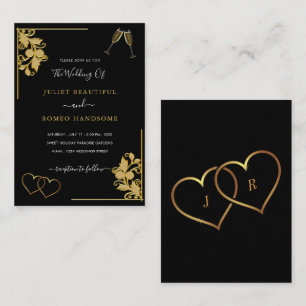 Golden Flowers Love Gold Hearts Wedding Invitation