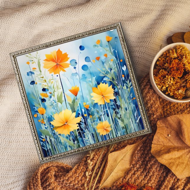 Golden Flowers on a Bright Blue Background Photo Print (Creator Uploaded)