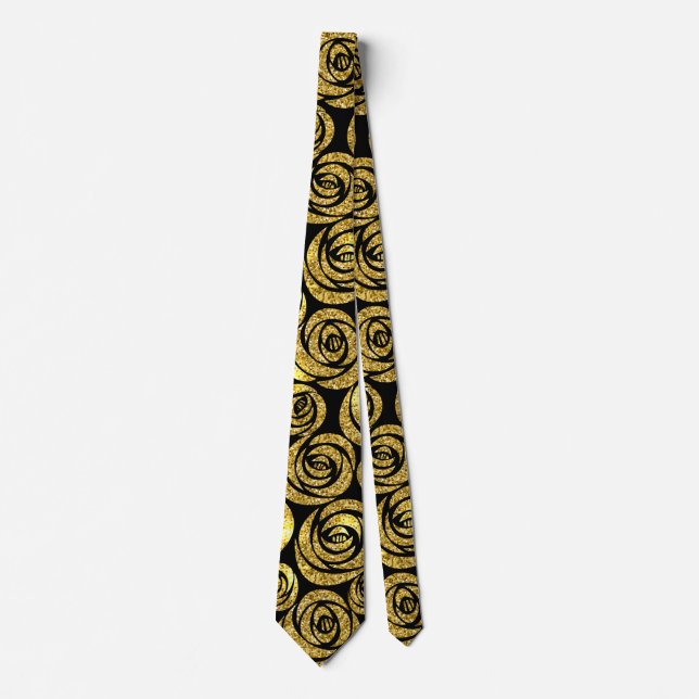 Golden Flowers on Black Background Tie (Front)