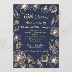 Golden flowers on blue 65th Wedding Anniversary Invitation