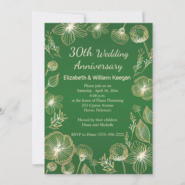 Golden flowers on green 30th Wedding Anniversary Invitation (Front)