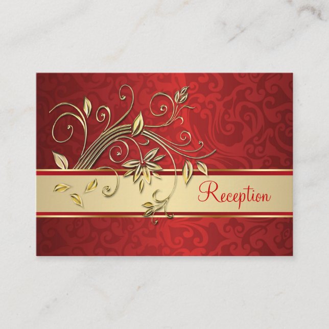 Golden flowers on red damask Reception Enclosure Card (Front)