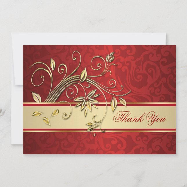 Golden flowers on red damask Thank You (Front)