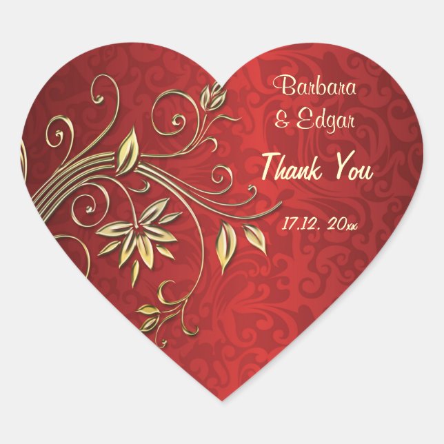Golden flowers on red damask Wedding Thank You Heart Sticker (Front)