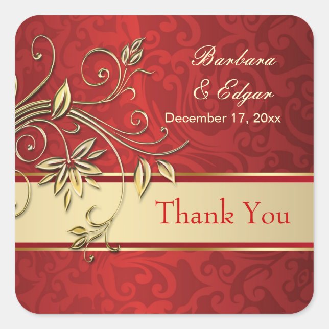 Golden flowers on red damask Wedding Thank You Square Sticker (Front)