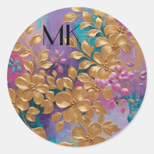 Golden Flowers Painted On Pink Lilac Turquoise Classic Round Sticker