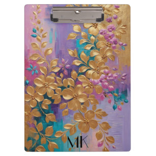 Golden Flowers Painted On Pink Lilac Turquoise Clipboard