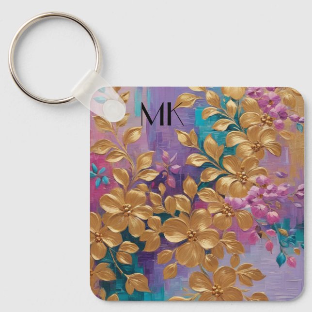 Golden Flowers Painted On Pink Lilac Turquoise Key Ring (Front)