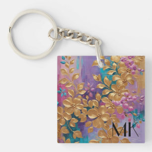 Golden Flowers Painted On Pink Lilac Turquoise Key Ring