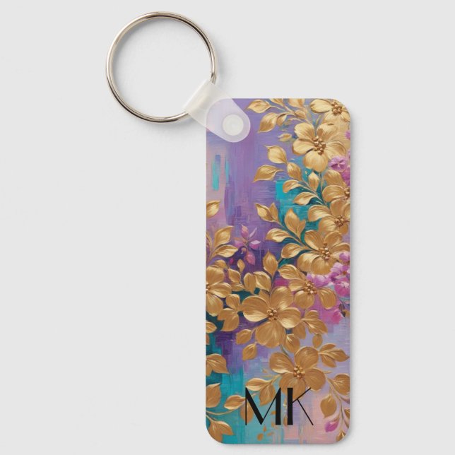Golden Flowers Painted On Pink Lilac Turquoise Key Ring (Front)