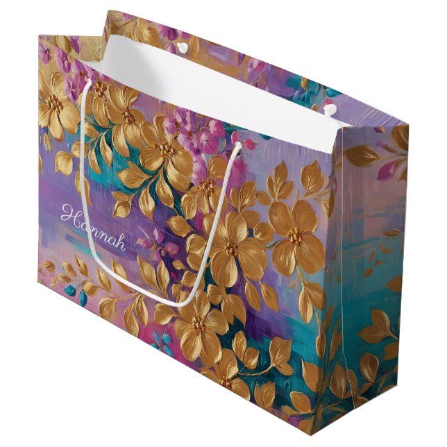 Golden Flowers Painted On Pink Lilac Turquoise Large Gift Bag (Front Angled)
